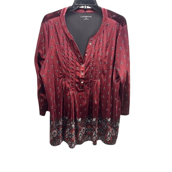 Croft & Barrow Velvet Blouse XL Burgundy 3/4 Sleeve Pleated Paisley Tunic Top - Picture 1 of 8